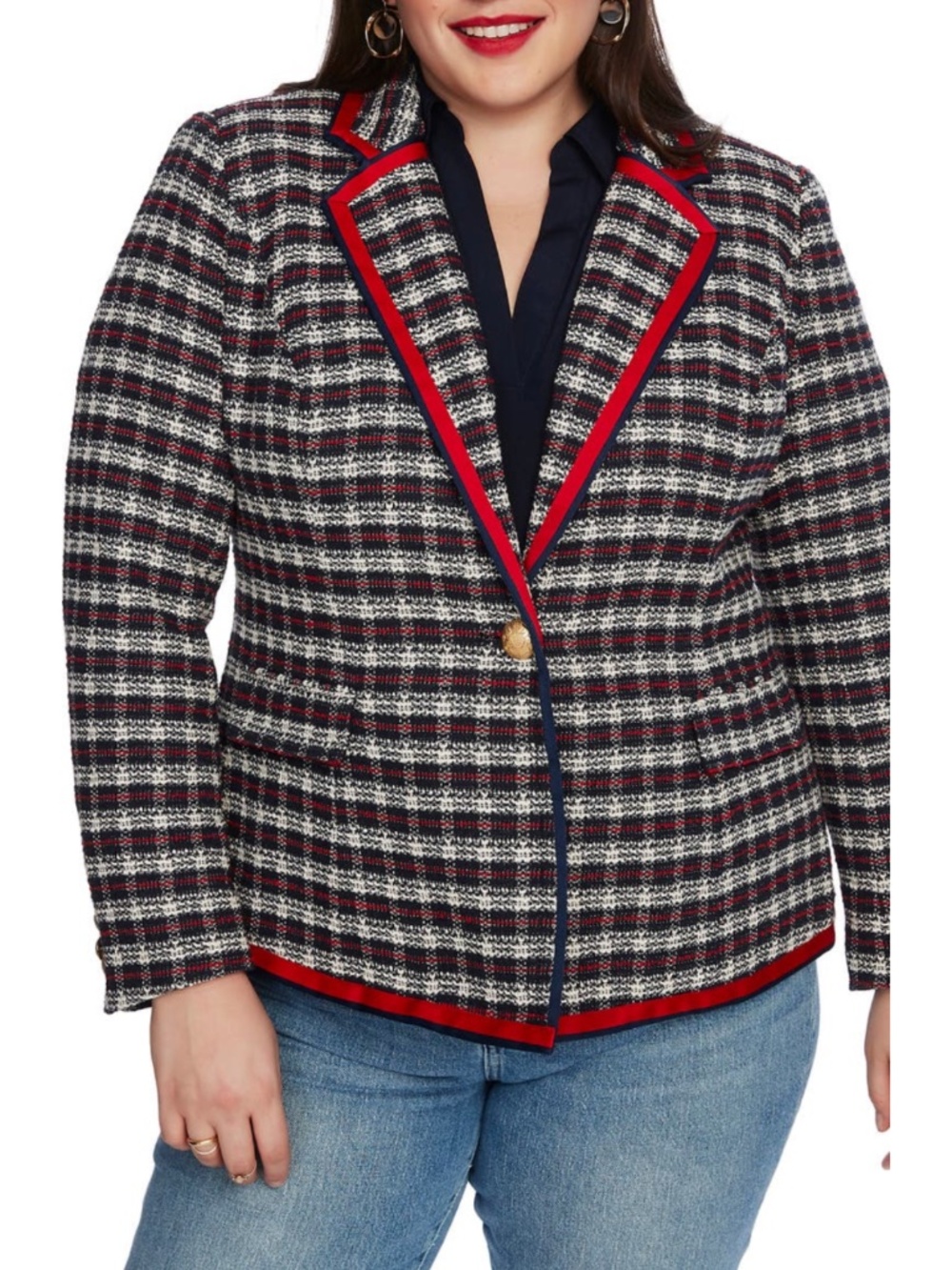 NEW Court & Rowe Satin Trim Plaid Tweed Blazer Blue Night 20W Plus Size